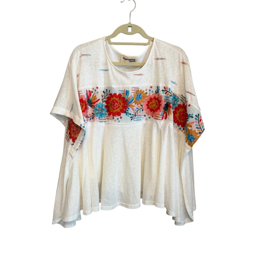 Savanna Jane Caitlynn Top S/M White Floral Embroidery Relaxed Bohemian Summer